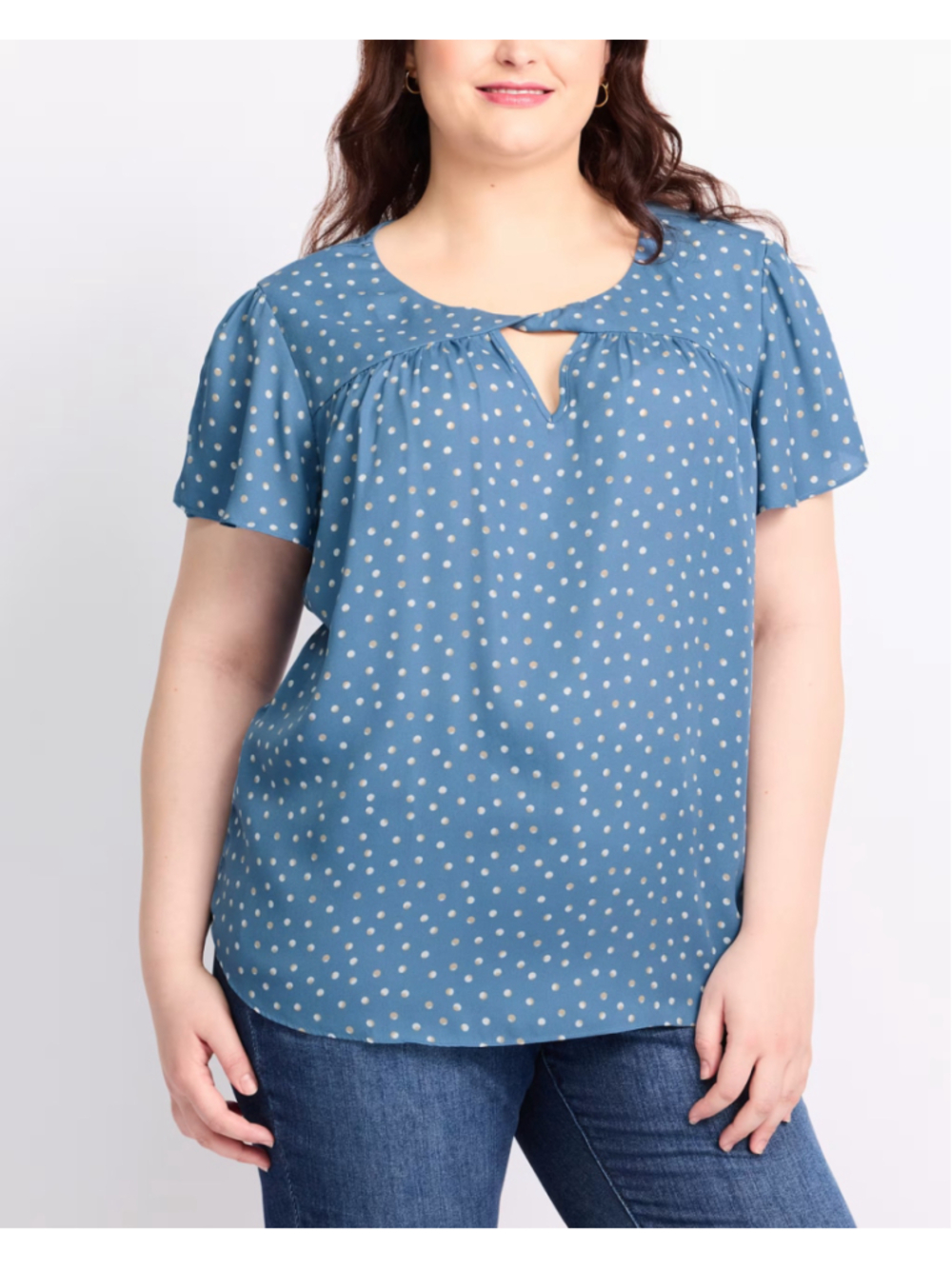 Fortune + Ivy Women's Plus Size Adeline Polka Dot Twist Key Hole Detail Blouse